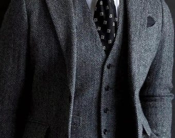 Grey Herringbone Wool Suit Men | 3 Piece Tweed Suit for Wedding, Formal, Vintage Style
