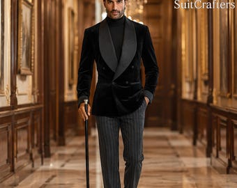 Black Velvet Tuxedo Jacket Men, Grey Pinstripe Pants, Groom Wedding Suit, Prom Outfit