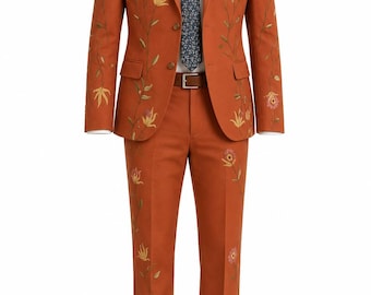 Men’s Terracotta Floral Embroidered Suit, 2 Piece Rust Wedding Groom Suit, Custom Size