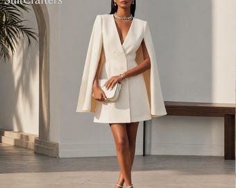 Ivory Cape Blazer Dress , Elegant Bridal Reception Mini Dress, Structured Shoulder Party Outfit
