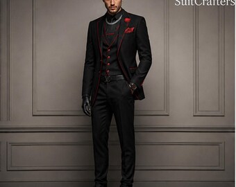 Luxury Black & Red Trim 3-Piece Statement Suit – Modern Designer Slim Fit Tuxedo Set