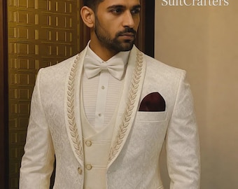 Traje de hombre de 3 piezas color crema marfil: Esmoquin de boda con solapa bordada