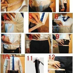 May include: A series of twelve images demonstrating how to measure a person for a tailored shirt and pants. A measuring tape is used to measure the neck, shoulders, chest, waist, sleeve length, and inseam. The person is wearing a white dress shirt and black pants.