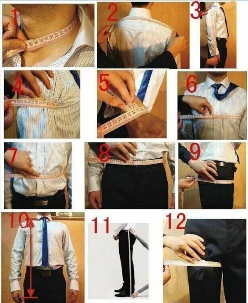 May include: A series of twelve images demonstrating how to measure a person for a tailored shirt and pants. A measuring tape is used to measure the neck, shoulders, chest, waist, sleeve length, and inseam. The person is wearing a white dress shirt and black pants.