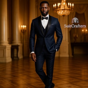 Luxury Navy Blue 3 Piece Tuxedo Suit for Men | Groom Wedding Suit | Prom, Black Tie, Formal Wear by SuitCrafters Perfect forf ormal occasion