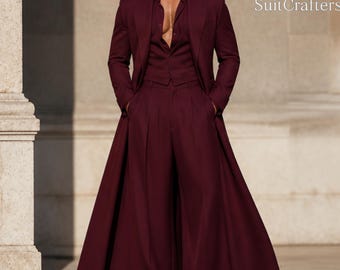 Traje de hombre color burdeos, traje largo de 3 piezas, traje formal, abrigo vintage a medida.