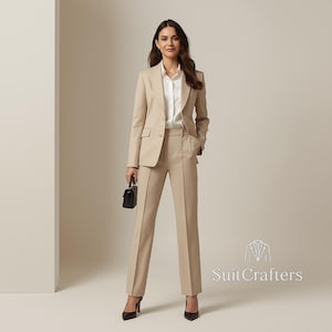 Tailored Beige Pantsuit: Women&#39;s Elegant Business Suit Set