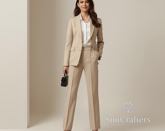 Tailored Beige Pantsuit: Women's Elegant Business Suit Set