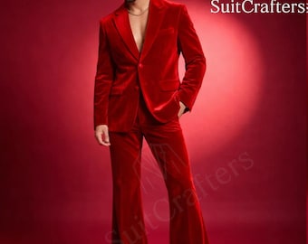 Red Velvet 70s Flared Suit Men | Burgundy 2 Piece  | Disco Bell Bottom Suit