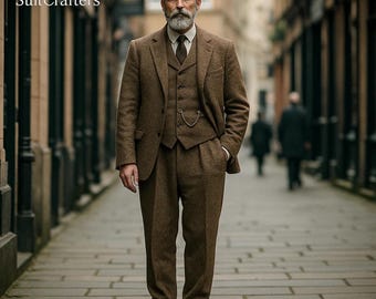 Brown Tweed 3-Piece Men’s Suit | Classic Wool Suit | Tailored Vest & Blazer
