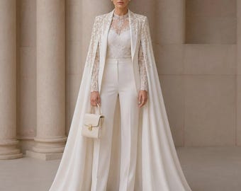 Ivory Bridal Pantsuit with Embroidered Cape Blazer | 3 Piece Wedding Suit for Bride | Custom White Wedding Pants Set