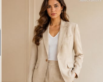 Women's Beige Linen Pant Suit Set | Tailored Blazer & Trousers | Summer Office Suit | Wedding Guest Pantsuit