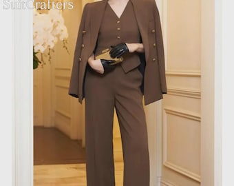 Women’s Brown Tailored Suit Set – Blazer Vest & Pants – Gold Button