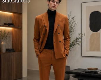 Rust Brown Double Breasted Suit Men, Modern Slim Fit Tuxedo, Wedding Groom Suits