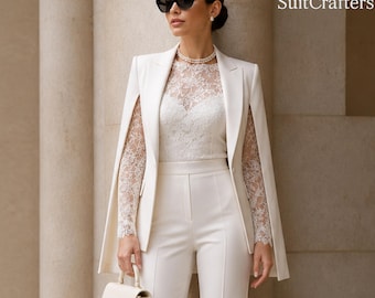 Ivory White Women Suit Set, 2 Piece Bridal Pantsuit, Cape Blazer Outfit, Wedding Reception Suit
