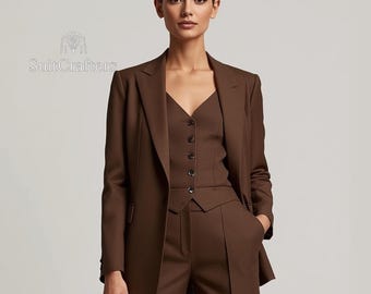 Coffee Color Women's 3-Piece Suit: Tailored Wide Leg Pantsuit