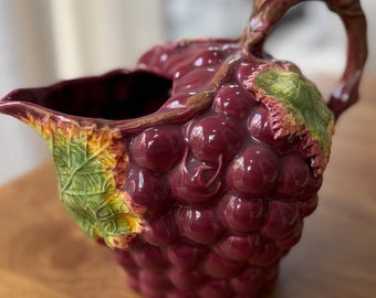 Vintage Majolica-Style Grape & Leaf Ceramic Pitcher, Burgundy, 7.5” Wine Carafe