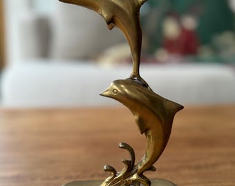Vintage Brass Double Dolphin Sculpture - Mid-Century Marine Decor