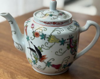 Vintage Chinese Jingdezhen Porcelain Teapot with Butterflies and Floral Scrollwork