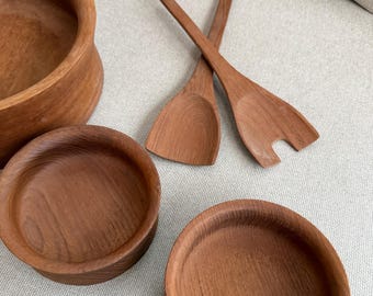 Vintage Teak Wood Salad Bowl with Serving Utensils - Kalmar Thailand - 5 pc Set