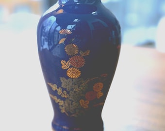 Vintage Cobalt Blue Ceramic Vase with Gold Floral Design - Michelangelo Italian Imports