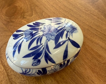 Vintage Thai Blue and White Floral Porcelain Trinket Box - Hand Painted
