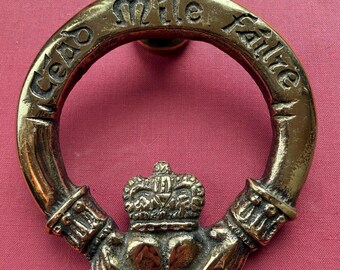 Vintage Brass Claddagh Door Knocker — Céad Míle Fáilte Irish Welcome