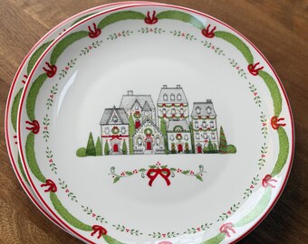 Set of 2 City Sidewalks Christmas Village Dinner Plates
