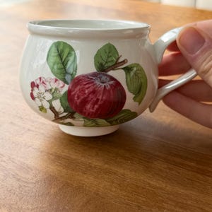 May include: A white ceramic teacup with a rounded body and a handle. The cup is decorated with a red apple, green leaves, and white and pink blossoms. The cup is being held by a person.