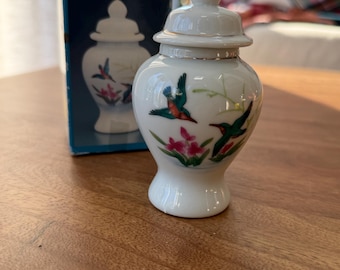 Miniature Porcelain Ginger Jar with Bird & Floral Design - Original Box Included