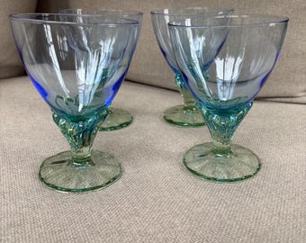 Vintage Bormioli Rocco Bahia Goblets Set of 4 Blue Green Italian Glass