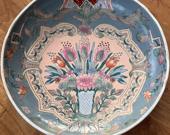 10” Vintage Decorative Blue Chinese Enamelware Bowl with Floral Bouquet Design