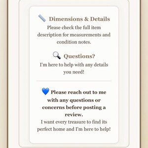 May include: A rectangular informational card with a brown border containing text and icons. It features a blue pencil icon next to Dimensions & Details, a magnifying glass next to Questions, and a blue heart next to a request for communication.