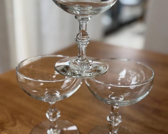 Vintage Clear Glass Champagne Coupe Set of 3 Cocktail Barware Baluster Stem