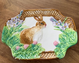 Vintage Royal Norfolk Bunny Rabbit Dish - English Majolica Style Easter Decor