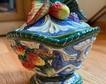 Vintage Fitz & Floyd Florentine Fruit Blue Lock Burk, Jordgubbar, 1990-talet