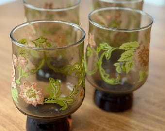 Set of 4 Vintage Libbey Smoked Glass Juice Glasses with Hand-Painted Floral Design