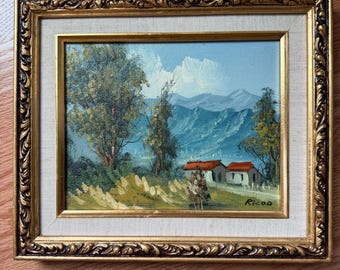 Vintage Original Oil Painting Countryside Cottages Mountains Gold Ornate Frame Signed