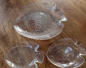 Set of 3 Vintage Glass Fish Serving Plates - Large and Small Fish Shaped Dishes