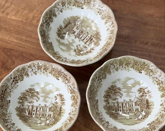 Vintage J G Meakin Green Transferware Bowls - English Country Estate Pattern sepia tone