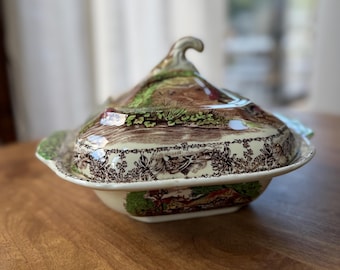 Vintage Royal Staffordshire Rural Scenes Lidded Vegetable Dish, Wilkinson Brown Transferware Tureen England