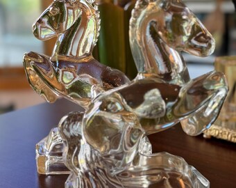 Vintage Clear Glass Rearing Horse Bookend Pair