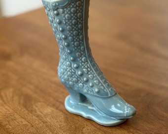 Vintage Ceramic Victorian Boot Mini Vase - Teal Blue with Embossed Floral Pattern