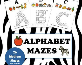 Paquete de laberintos del alfabeto: 26 laberintos de letras imprimibles de tamaño mediano