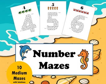 Paquete de laberintos numéricos: 10 laberintos numéricos imprimibles de tamaño mediano