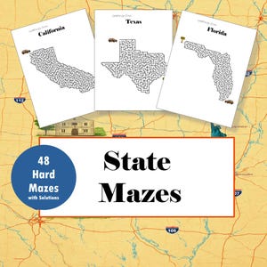 Op de afbeelding: Drie witte papieren doolhoven in de vorm van de staten Californië, Texas en Florida, met de woorden "Greetings from" boven elke staat. De afbeelding bevat ook een blauwe cirkel met de woorden "48 Hard Mazes with Solutions" en een witte rechthoek met de woorden "State Mazes".