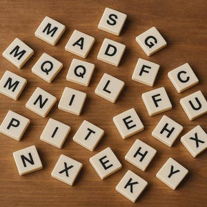Può includere: Una collezione di tessere Scrabble bianche con lettere nere sparse su una superficie di legno. Le tessere mostrano varie lettere, tra cui M, A, D, Q, L, S, G, F, C, U, H, P, I, T, E, N, X, Y e K.