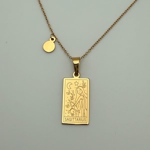 Sagittarius Zodiac Necklace – Stainless Steel 18K Gold Plated Waterproof Rectangle Zodiac Pendant, Astrology Gift for Sagittarius Women