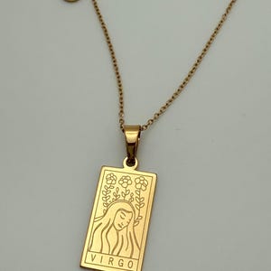 Virgo Zodiac Necklace – Stainless Steel 18K Gold Plated Waterproof Rectangle Zodiac Pendant, Astrology Gift for Virgo Women