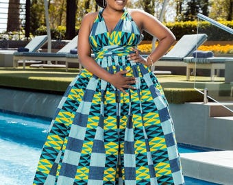 Kente African print Maxi Dress with Pockets: Plus Size Ankara dress with pockets